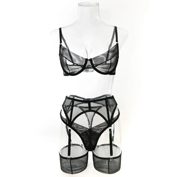 Luxury Dark Style 4Pcs Women's Lingerie Set Push-up Underwire Bra Garter Belt Thong Panty Stocking Erotic Intimate Outfits