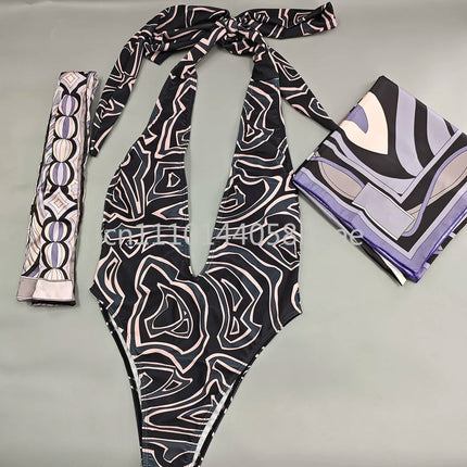 Costumi da bagno di lusso da donna con sciarpa nera e logo firmato, set bikini con fascia per capelli firmata da designer, abbigliamento da spiaggia platinumshop