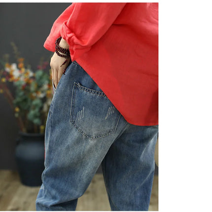 AmaxluluE Jeans larghi strappati da donna alla moda estiva Pantaloni in denim ricamati per il tempo libero da donna Pantaloni Harem elastici da donna vintage