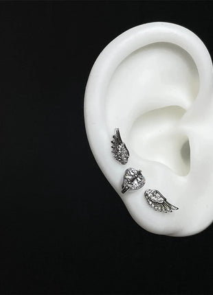 New Fashion Love Wings Cross Acciaio inossidabile Osso dell'orecchio Chiodo Zircone lucido Orecchino con filo alla moda per le donne Accessorio per piercing al corpo platinumshop