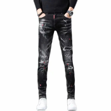 High Street  2022 Fashion Casual Ripped Jeans Men's Patch Teenagers Cowboy Paint Splash Ink Black Pencil Pants Skinny Jeans Men PlatiNum