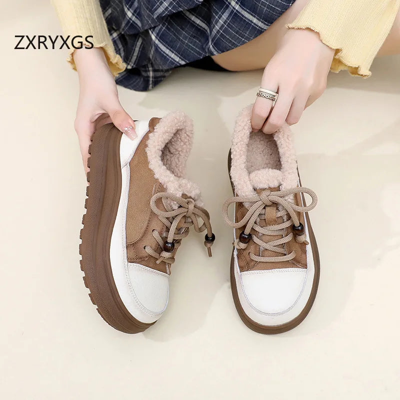 ZXRYXGS 2025 Top Layer Cowhide Women's Winter Sneakers Warm Shoes Platform Increase Shoes Casual Sneakers Snow Shoes Large Size