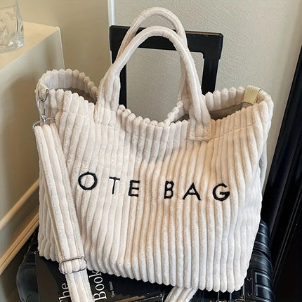 Large Capacity Striped Velvet Handbag Shoulder Bag for Woman Handbags Crossbody Bags, Versatile Letter Corduroy Women's Tote Bag PlatiNum