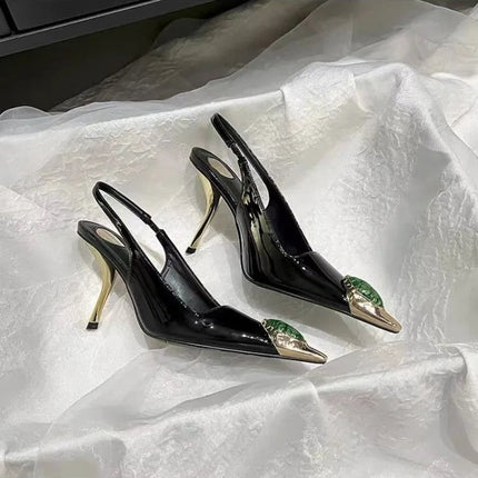 Ladies' Elegant Retro Pointed-toe Shallow Mouth Gemstone High-heeled New Metal Patent Leather One-strap Heel Sandals PlatiNum