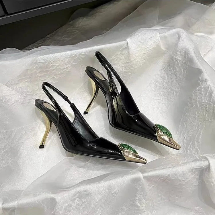 Ladies' Elegant Retro Pointed-toe Shallow Mouth Gemstone High-heeled New Metal Patent Leather One-strap Heel Sandals PlatiNum
