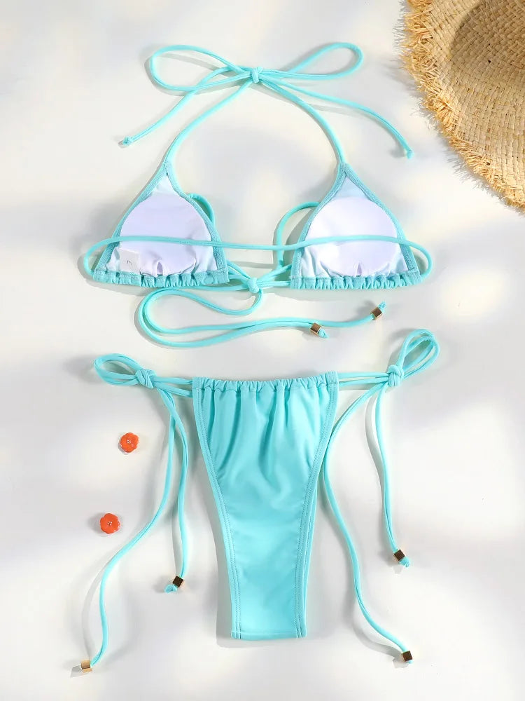 Set Bikini Triangolo Sexy Micro Thong, Costume da Bagno Donna, Biquini con Lacci, Abbigliamento da Spiaggia Stampato, Bikini Thong platinumshop