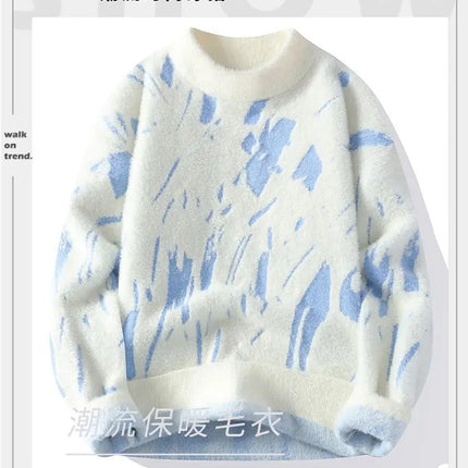 Winter Men's Thickened Fleece Sweater Irregular Jacquard Pattern Casual Round Neck Pullover Tops Striped Soft Knitted Sweaters