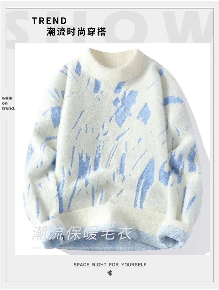 Winter Men's Thickened Fleece Sweater Irregular Jacquard Pattern Casual Round Neck Pullover Tops Striped Soft Knitted Sweaters