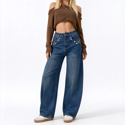 Women’s High-Waisted, Wide-Leg Jeans with Daisy Embroidery on the Pockets, Vintage Blue Denim with Faded Wash, Soft Casual Trousers for Everyday Wear  JF-593