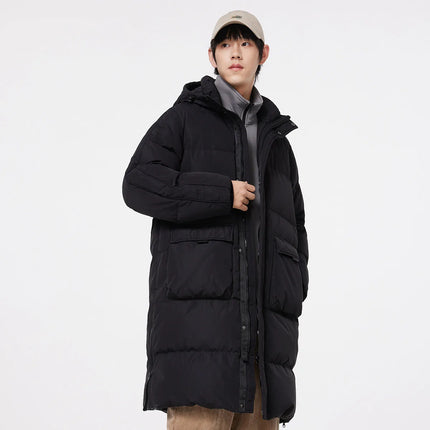 Metersbonwe Men's Long Hooded Down Jacket  Male Stand Collar Jacket with Hem Side Zipper Letter Printing Duck Down Padded Brand