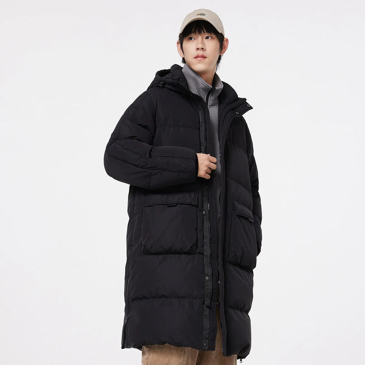 Metersbonwe Men's Long Hooded Down Jacket  Male Stand Collar Jacket with Hem Side Zipper Letter Printing Duck Down Padded Brand