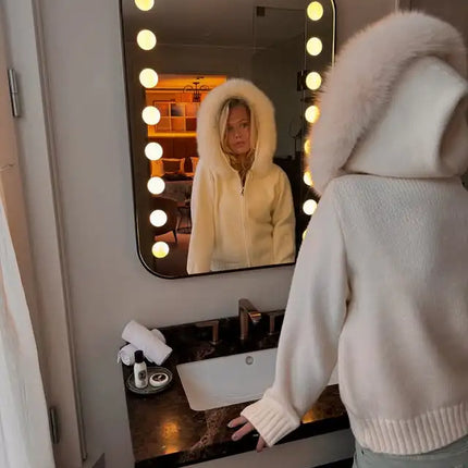 OFTBUY Real Fox Fur Kintwear Women New Spring Autumn Hooded Sweater Female Loose Zipper Kintted Jacket Oversized Cardigan