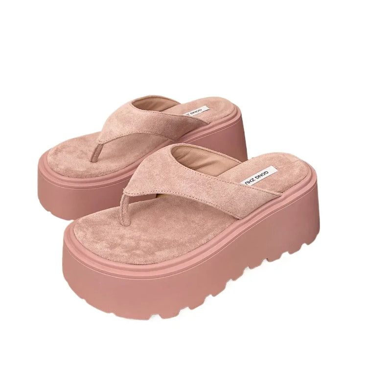 Pantofole da esterno con zeppa Infradito estive da donna con fondo spesso Infradito da spiaggia per il tempo libero a vita alta da esterno in pelle scamosciata