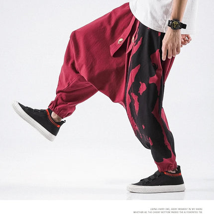 Pantaloni alla moda da uomo Samurai giapponese Ukiyo-e Cintura con stampa Pantaloni stile harem da uomo in cotone e lino Casual Oversize Harajuku Pantaloni a gamba larga da uomo