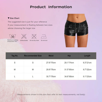 Womens Sexy Tight Fitting Hot Pants Lace-up Pockets Hot Minipants PU Leather Rivets Rave Shorts Wet Look Rave Bar Club Wear