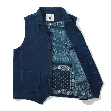 Vintage Lapel Waistcoat Men Autumn Winter New Kendo Fabric Multi-pocket Indigo Jacket Suit Vest Handmade Blue Dyed Cardigan Coat