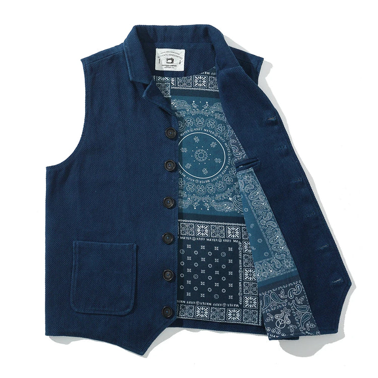Vintage Lapel Waistcoat Men Autumn Winter New Kendo Fabric Multi-pocket Indigo Jacket Suit Vest Handmade Blue Dyed Cardigan Coat