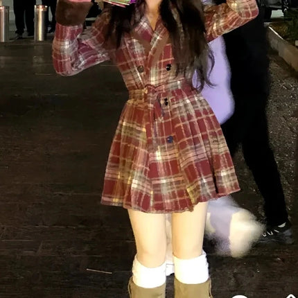 Women's Double Breasted Plaid Coat, Woolen Jacket , V-Neck, Loose Tops, Female Clothes, Sweet, New, Autumn, Winter