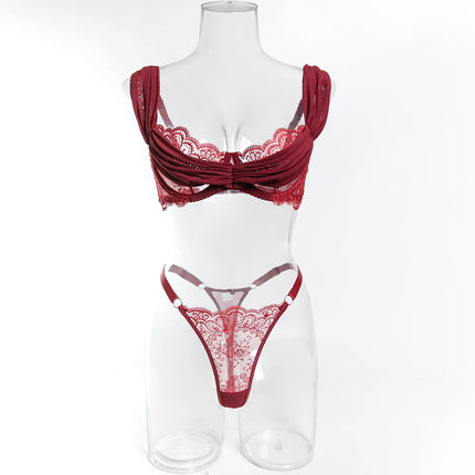 Toucheart Erotic Lingerie New Burgundy Embroidered Underwear Set Sexy Deep V Push-up Hot Bra Hollow See-through Panties Forwomen