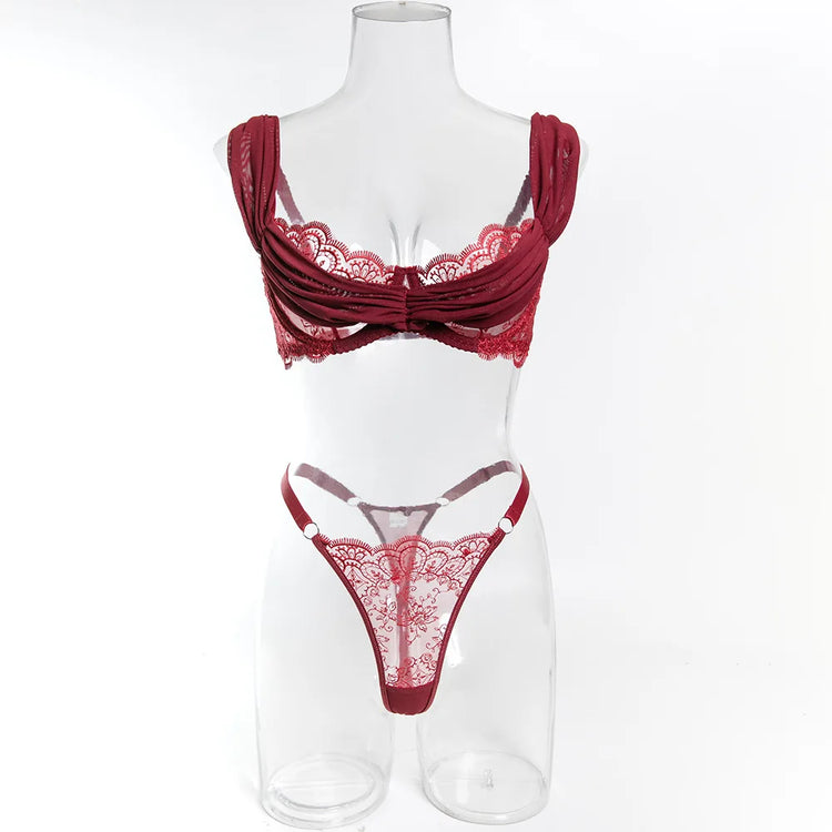 Toucheart Erotic Lingerie New Burgundy Embroidered Underwear Set Sexy Deep V Push-up Hot Bra Hollow See-through Panties Forwomen