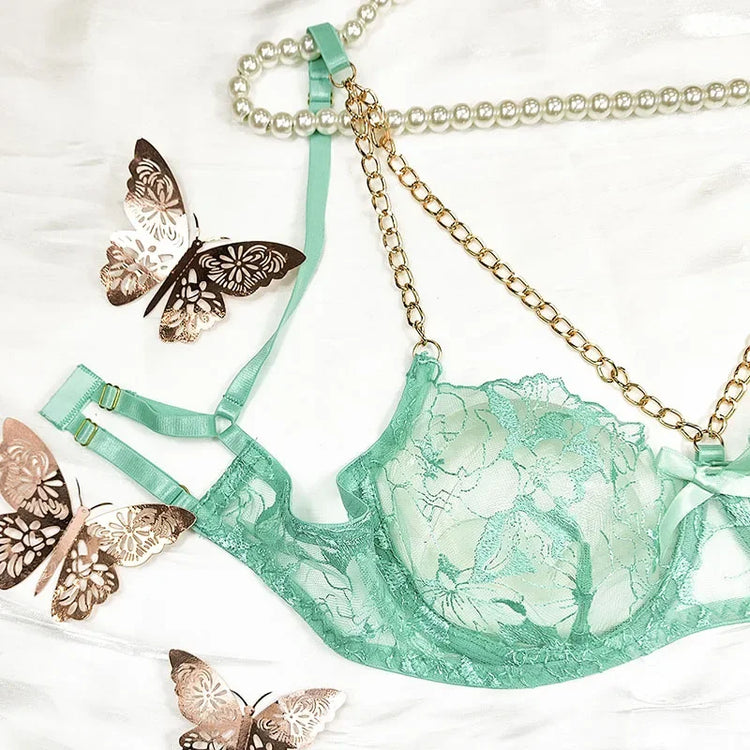 Sexy Clothes Women Lingerie Hot Fashion Chain Embroidery Sexy Perspective Hollow 3-point Lingerie Hot Lingerie Women