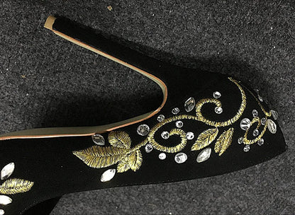 Bling Rhinestone Gold Silver Flower Embroidery Blade Heel Pumps Metal High Heels Crystal Black Suede Pointed Toe Woman Shoes
