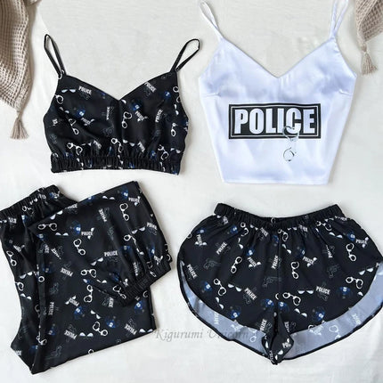 Set da 4 pezzi pigiameria da donna in raso di seta pigiama Set estivo con scollo a v cinturino da notte pigiama Homewear Fox Animal Flower Print Clothes