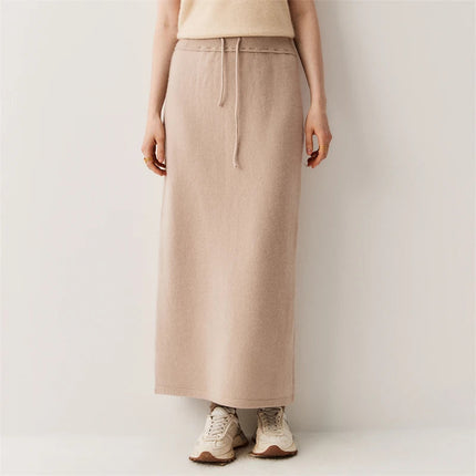 Women Pure Cashmere Long Skirts Autumn Winter Straight Ankle Length Thick Skirts 100% Cashmere Knit Drawstring and Split Skirts PlatiNum