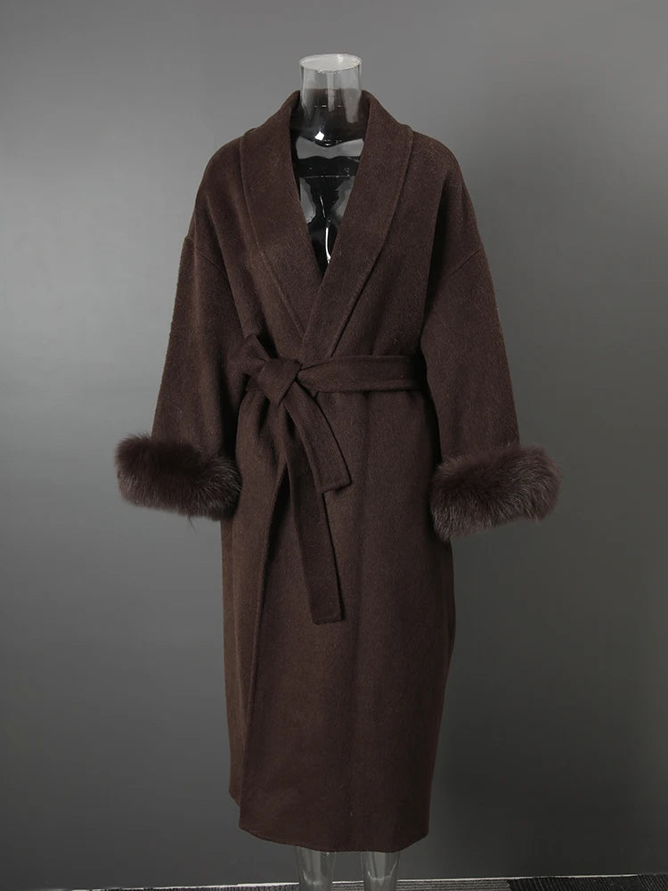 UCXQ Elegant Woolen Coat Temperament Office Lady Overcoats Fur Patchwork Long Sleeve Beautiful Women's Coats 2025 Winter New