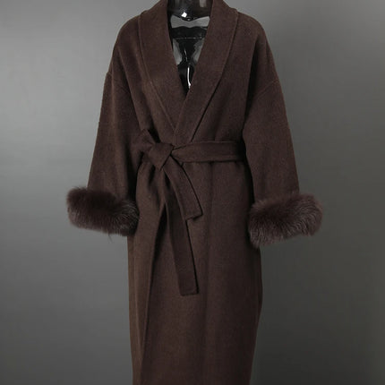 UCXQ Elegant Woolen Coat Temperament Office Lady Overcoats Fur Patchwork Long Sleeve Beautiful Women's Coats 2025 Winter New