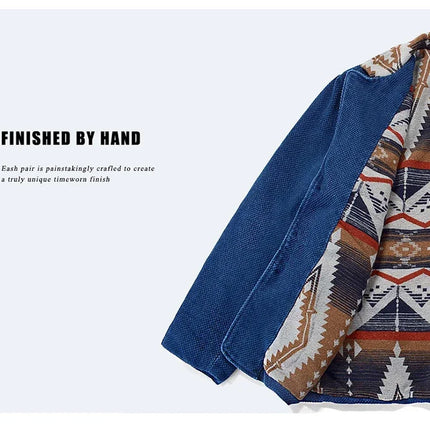 Men's Indigo Multi Pockets Jacket French Retro Blue Dye Lapel Thick Workwear Tooling Cardigan Coat plus Size for Autumn Winter