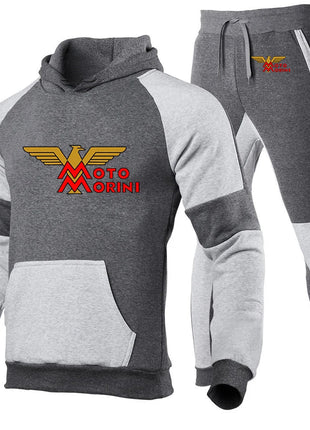 2024 Spring Autumn Men's Moto Morini Logo Print Sports Splicing Cotton Hooded Tracksuit+Jogging Sweatpants Trend Comfortable Set PlatiNum
