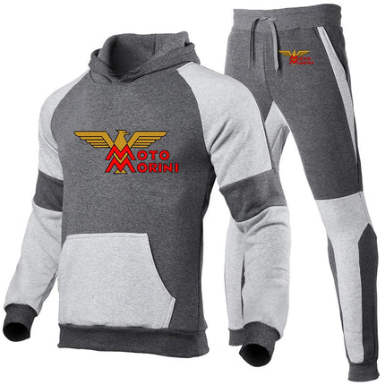2024 Spring Autumn Men's Moto Morini Logo Print Sports Splicing Cotton Hooded Tracksuit+Jogging Sweatpants Trend Comfortable Set PlatiNum
