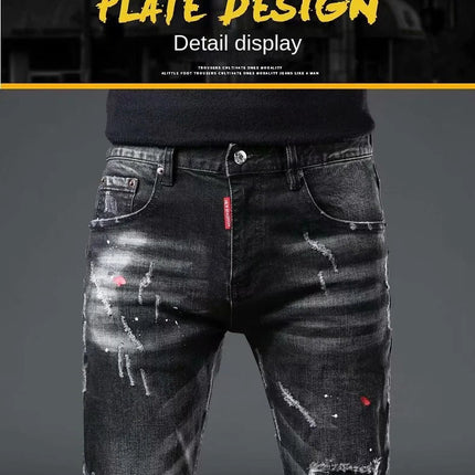 High Street  2022 Fashion Casual Ripped Jeans Men's Patch Teenagers Cowboy Paint Splash Ink Black Pencil Pants Skinny Jeans Men PlatiNum