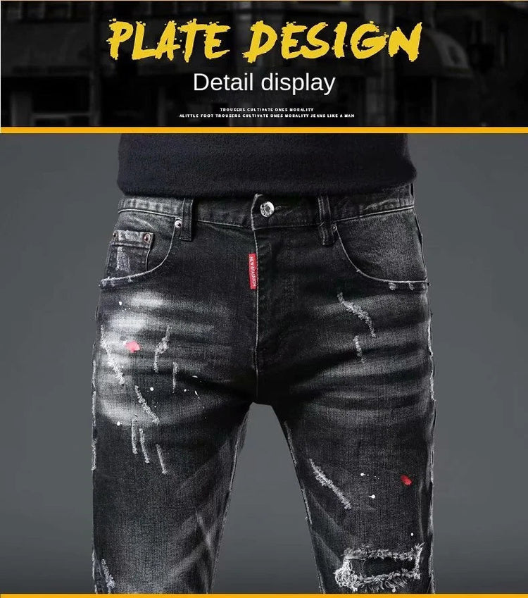 High Street  2022 Fashion Casual Ripped Jeans Men's Patch Teenagers Cowboy Paint Splash Ink Black Pencil Pants Skinny Jeans Men PlatiNum