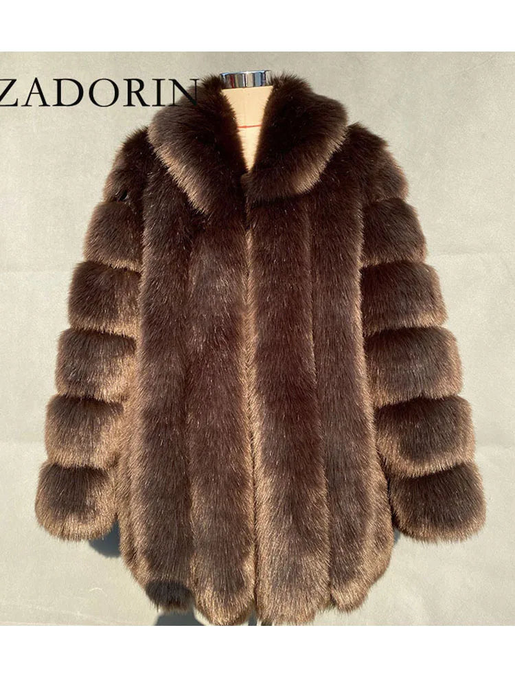ZADORIN Elegant Turn Down Collar Faux Fox Fur Coat Women Long Thick Warm Fluffy Faux Fur Jacket Winter Fur Coats Manteau Femme