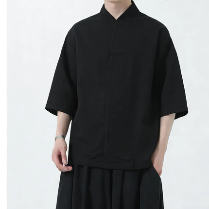 Camicie da uomo estive in lino di alta qualità, tinta unita, a maniche corte, stile cinese tradizionale, per Kung Fu e Tai Chi
