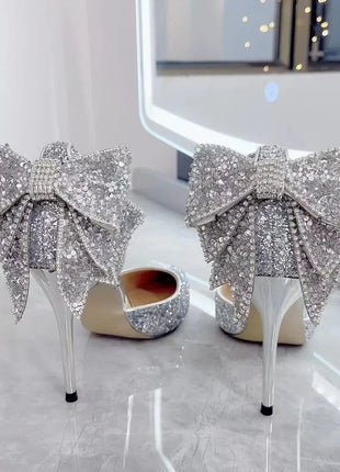 Shoes for Woman 2025 Silver Women's heeled Summer Footwear Wedding Bride Shoe Rhinestone Pointed Toe Super High Heel Diamond PlatiNum