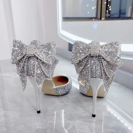 Shoes for Woman 2025 Silver Women's heeled Summer Footwear Wedding Bride Shoe Rhinestone Pointed Toe Super High Heel Diamond PlatiNum