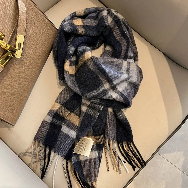 High Quality 100% Pure Wool Scarf Women Classic Chic  Autumn Winter Colorful Plaid Tassel Warm Muffler Female Thermal Shawl Lady