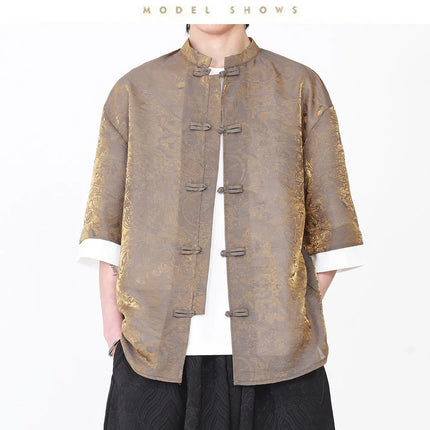 Camicia da Uomo di Lusso con Sfumature Colorate, Jacquard a Maniche Corte, Stile Cinese Tradizionale, Fresca per l'Estate, in Seta Ghiaccio