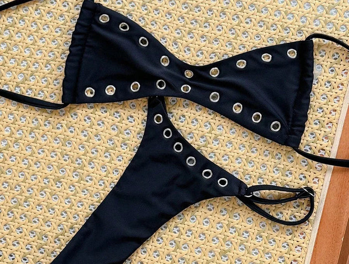 Bikini Micro Thong Halter da Donna XS-L, Costume da Bagno Femminile a Due Pezzi con Anelli Metallici platinumshop