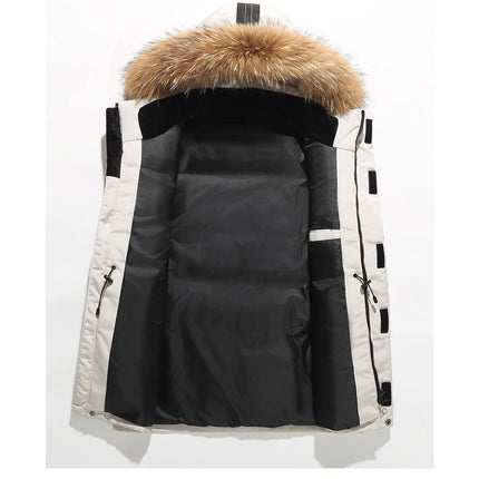 Winter Men's Warm Mountain SKi Parkas Fashion Men Fur Collar Mid-Long Down Padded Coats Men Windbreaker Thermal Hooded Jackets