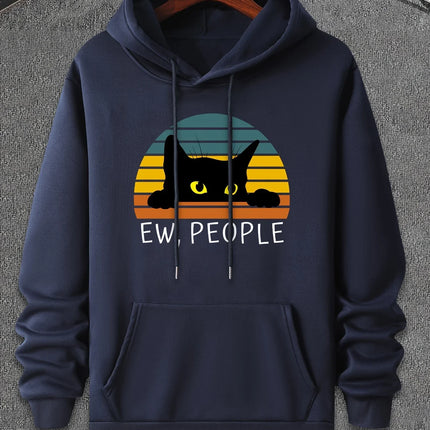 Cat ew people print casual fashion college style hooded sweatshirt with autumn and winter velvet suitable for men and women