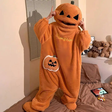 Halloween Pumpkin Shaped Hooded Plush Onesie Pajamas Cartoon Thick Winter Warm Sleepwear Lounge Outfits