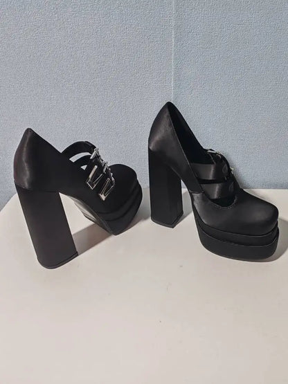 Arden Furtado Black silk Platform Pumps Square toe Belt buckle Super high heel Sexy Catwalk shoes Large size high-heeled shoes