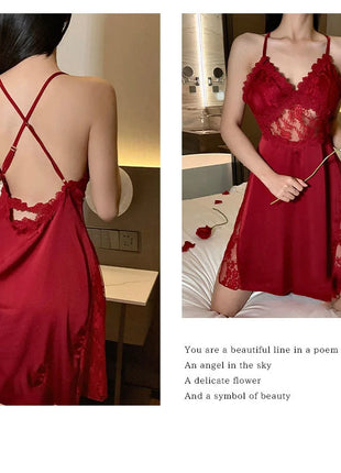 2025 nuova camicia da notte sexy canotta da donna in pizzo indumenti da notte per la casa in raso co