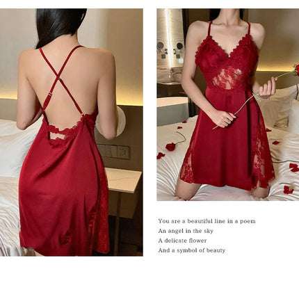 2025 nuova camicia da notte sexy canotta da donna in pizzo indumenti da notte per la casa in raso con scollo a V profondo backless canotta di lusso indumenti da notte plus size rosso nero