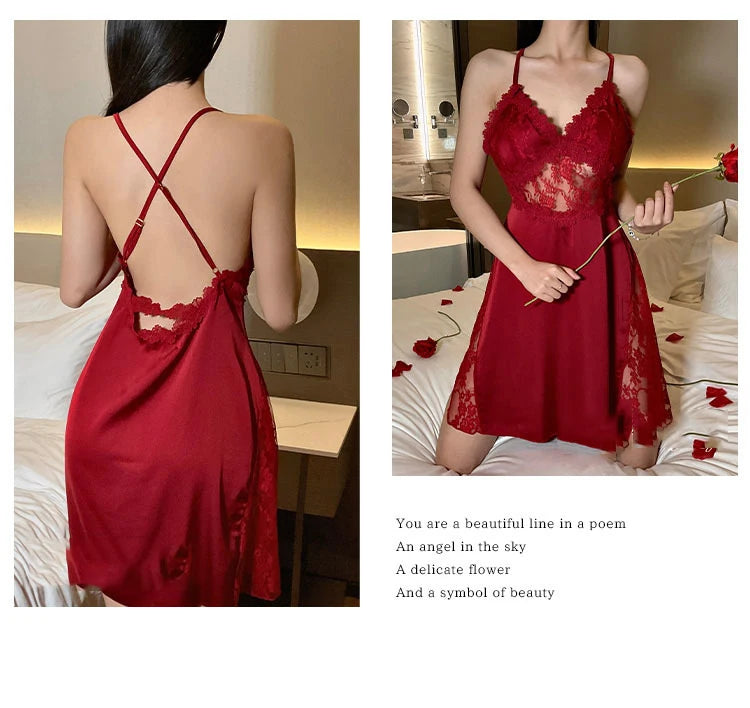 2025 nuova camicia da notte sexy canotta da donna in pizzo indumenti da notte per la casa in raso co