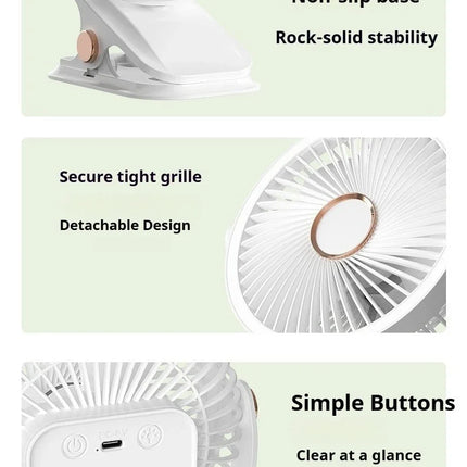 Ventilatore Portatile con Clip e Luci LED, 3 Velocità Regolabili, Silenzioso, da Scrivania, per Casa, Camera da Letto e Campeggio
